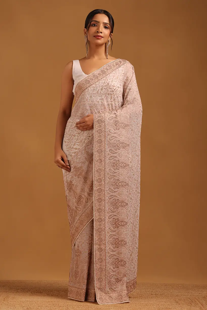 cream george tte botanical sarees with machine embroidery